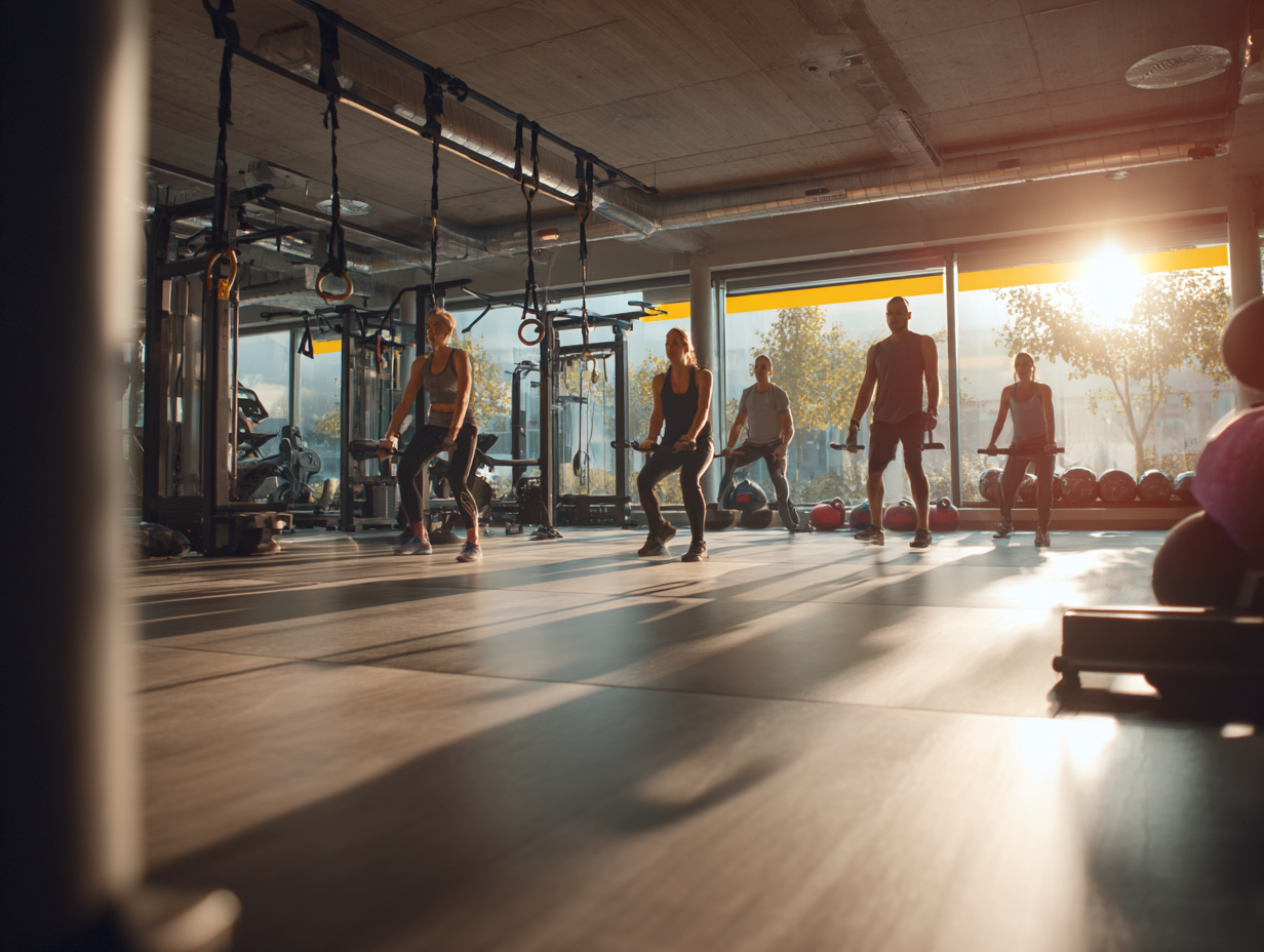 Професійні фітнес-тренери працюють з людьми різного віку у сучасному спортивному центрі