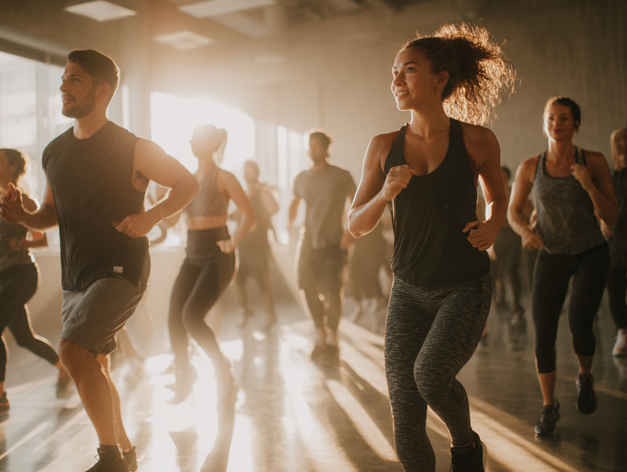 Активні люди різного віку займаються функціональним тренуванням в сучасному спортивному залі